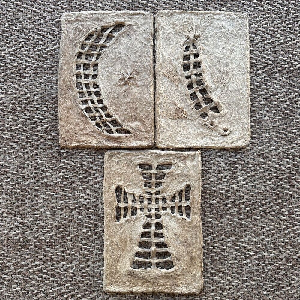 3 Vtg Mexican Papel Tule Fiber Art Cutout Panels Woven Cross Crescent Moon Fish